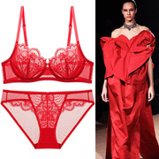 法式超薄内衣女性感蕾丝薄款大胸显小聚拢胸罩，本命年红文胸套装夏