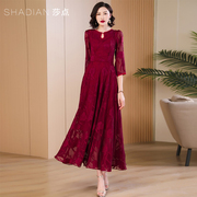 雪纺蕾丝连衣裙酒红色长裙，新中式七分袖裙子女夏季国风显瘦长款