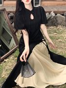 大码胖MM国风新中式连衣裙子女夏季2024年赫本风黑色改良旗袍长裙