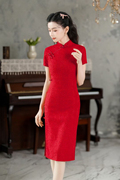 大红旗袍中长款小个子，气质蕾丝连衣裙高考，中考陪考衣服中国风