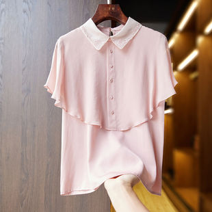 品牌折扣店粉色重磅真丝衬衫，女夏小众披肩，绣花桑蚕丝女式上衣