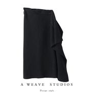 绒暖斯特〓绒+〓特黑色侧边拉链，荷叶摆斜纹坑条羊绒半身裙