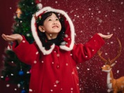 新年毛毛领(毛毛领)呢大衣女童韩国加厚带帽红色大衣洋气中长款拜年外套冬