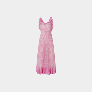superr 粉色木耳边针织透视复古百搭无袖吊带v领罩衫长裙连衣裙