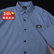 雾霾蓝痞帅气质短袖衬衫设计感蓝色衬衣夏季有领带领宽松开衫t恤