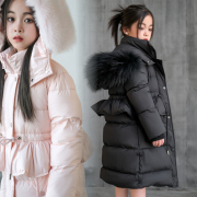 韩国童装女童宝宝长款90白鸭绒超大狐狸毛领儿童皮草外套冬装连帽