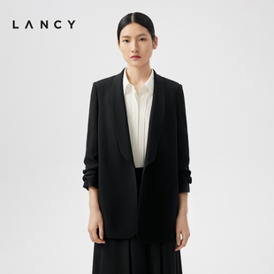 LANCY/朗姿2024春季九分袖醋酸黑西装女中长款简约通勤外套