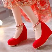 婚纱神器鞋春秋季孕妇红色，结婚鞋坡跟，新娘高跟伴娘婚礼大码40-43
