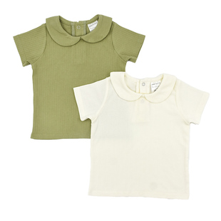 外贸夏季1-3岁女童短袖上衣女宝宝可爱翻领T恤纯色白色娃娃领衣服