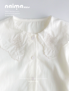 女童白色衬衫2024春季小女孩长袖百搭上衣刺绣娃娃领50011