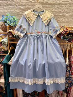 蓝色绣花长裙精细棉布，森系连衣裙夏季短袖长款宽松大码收腰翻领
