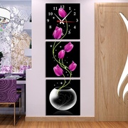 新无框画挂钟三联画钟表创意，艺术时针客厅，玄关装饰画竖版抽象花品