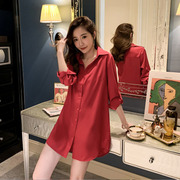 衬衫女长袖大码中长款超火的上衣衬衣，韩版夜店性感红色衬衫裙