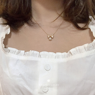 《温蒂的下午茶》原创设计蝴蝶结珍珠镶钻少女925银镀金锁骨项链