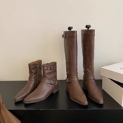 棕色小个子长筒靴女高筒2023秋季尖头西部牛仔靴骑士靴女粗跟短靴