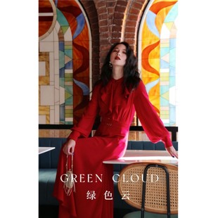 绿色云洛神花简约优雅复古荷叶，领灯笼袖收腰墨绿红色连衣裙长裙