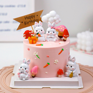 可爱兔子蛋糕装饰树脂，摆件森系卡通儿童，生日派对网红装扮蘑菇插件