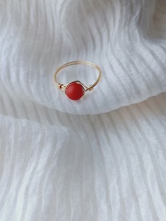 天然保山南红玛瑙戒指，原创轻奢手工定制14k包金，绕线圆珠子指环女