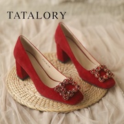 TATA LORY女鞋法式婚鞋高跟鞋女方头浅口新娘鞋气质绒面水钻单鞋