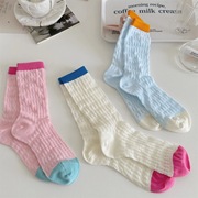 彩色撞色袜子女夏季薄款透气网，眼中筒袜ins潮，夏天拼色少女堆堆袜