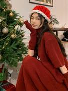 红色半高领针织毛衣连衣裙女秋冬圣诞战袍氛围感包臀小妈裙带袖套