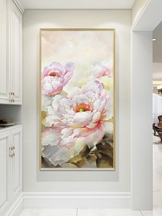 大芬手绘油画牡丹花客厅装饰画走廊玄关过道轻奢壁画花卉竖版挂画