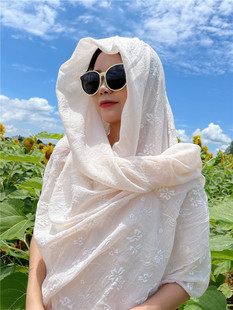 春夏季披肩棉麻纱巾围巾，女纯色海边风，民族度假防晒超大沙滩巾丝巾