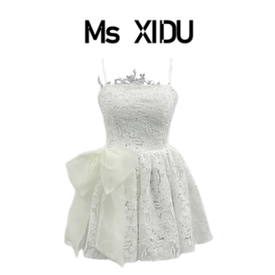 Ms XIDU 浪漫芭蕾抹胸收腰礼服吊带短裙夏季纯欲白色蕾丝连衣裙子