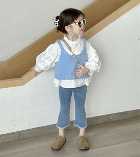 2024春季韩版儿童装女童针织马甲泡泡袖白衬衣牛仔铅笔裤套装