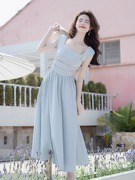谷七七GUQIQI2023简约风纯色方领连衣裙茶歇法式蓝色针织裙