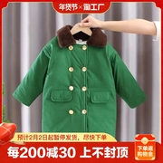 儿童军绿色大衣加绒加厚中长款男童复古外套女宝宝，老式棉衣雷锋帽