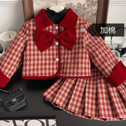 新年服女童小香风加棉上衣+半身裙套装冬装儿童红格蝴蝶结两件套