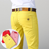 春季亮黄色男士休闲裤，粉红色韩版修身弹力直筒时尚，彩色牛仔长裤子