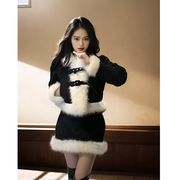 “雪域公主”韩系小香风设计感千金风毛领，黑色外套半身长裙两件套