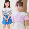 bebezoo韩国童装2023夏女童短袖T恤白色蕾丝荷叶领横条纹棉套头衫