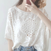 白色蕾丝镂空雪纺衫女2024年夏季薄款设计感小众宽松短袖上衣