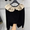 欧货娃娃领丝绒黑色衬衫女2023秋季法式设计感小众打底衫上衣