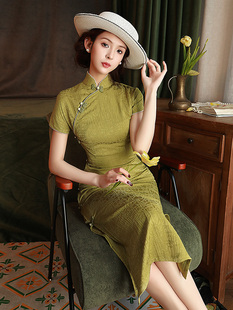 绿色旗袍2023年改良复古中国风高端气质优雅老上海长款连衣裙
