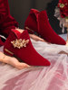 红色婚鞋冬季靴子矮跟粗跟加绒新娘，孕妇结婚中式婚礼喜妈妈短靴女