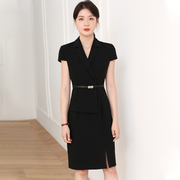 醋酸短袖黑色职业连衣裙，夏装2023年高腰，显瘦设计感休闲西装裙