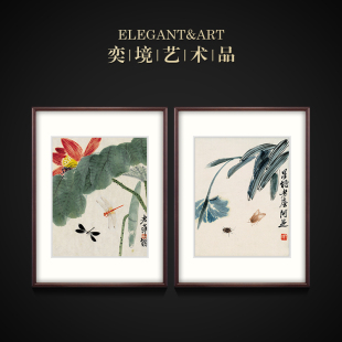 新中式餐厅装饰画双联玄关，挂画有框，壁画荷花国画齐白石香远益清