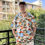 大码男装夏威夷风短袖衬衫胖子，潮牌街头休闲度假薄款沙滩印花衬衣