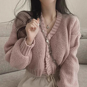 韩国chic秋冬法式慵懒风V领系扣宽松百搭短款针织开衫毛衣外套女