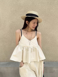 韩国chic夏季小众气质短款荷叶边吊带娃娃衫+高腰阔腿长裤两件套