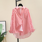 红色条纹衬衫女夏2024韩版宽松休闲设计感小众衬衣长袖防晒衣