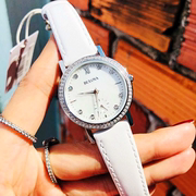 美国Bulova宝路华女表96L245镶钻贝母表盘石英白色皮带女手表