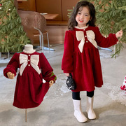 冬季儿童加绒圣诞公主裙女童，加厚蝴蝶结新年裙洋气宝宝连衣裙红色