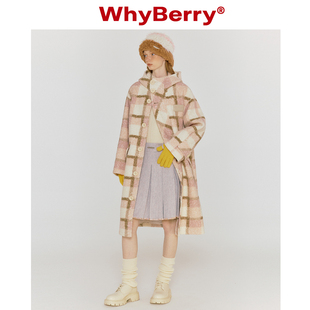 whyberry23aw“气泡奶酥”粉色格纹大衣慵懒保暖中长款外套带帽