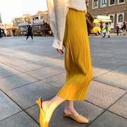 褶皱黄色半身裙孕妇夏季薄款开叉托腹裙高级感百褶中长款雪纺长裙