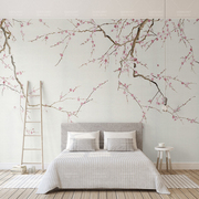 个性定制无纺布壁纸现代简约新中式，手绘梅花樱花背景墙纸无缝壁画